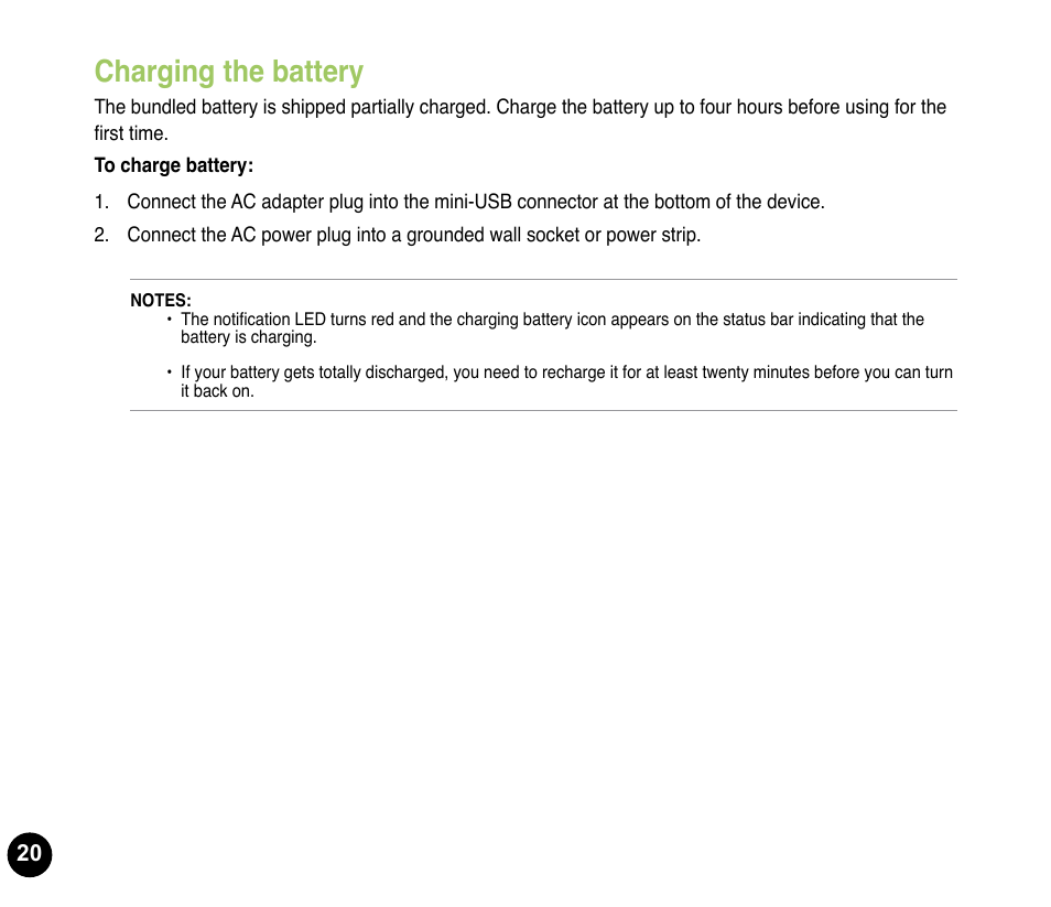 Charging the battery | Asus P835 User Manual | Page 20 / 53