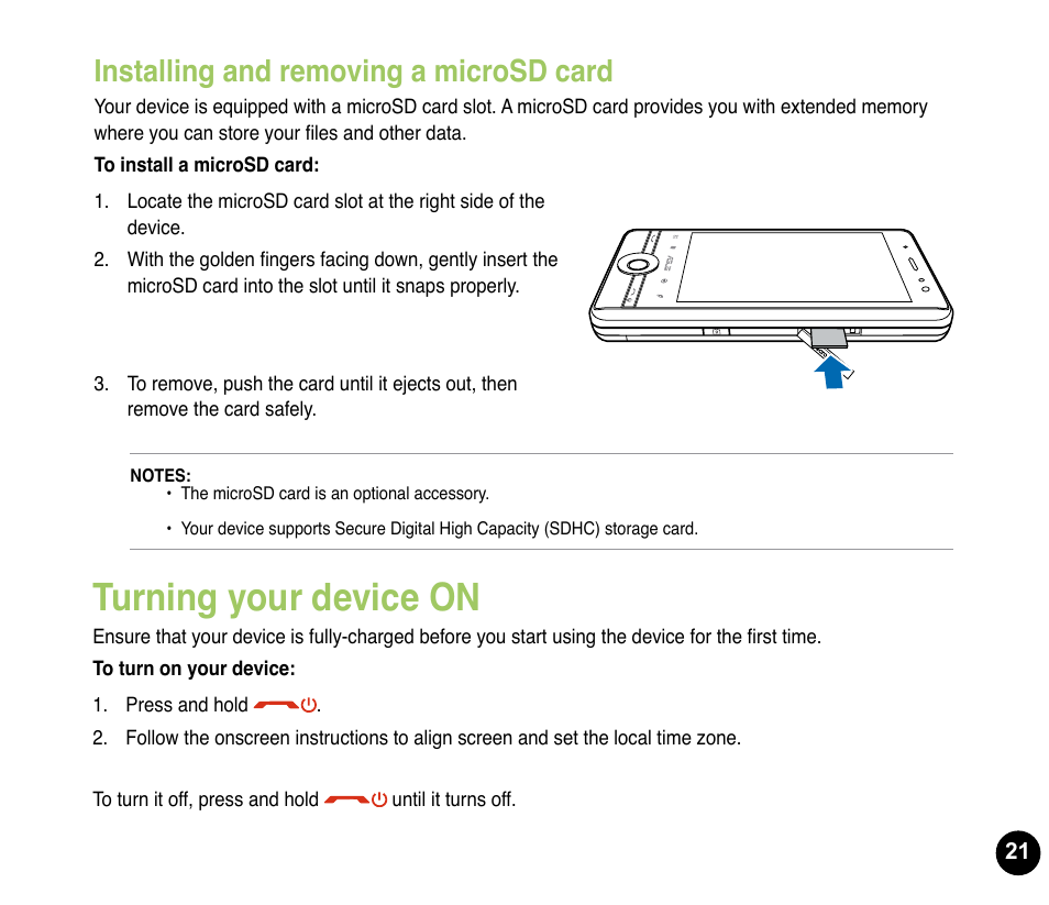 Turning your device on, Installing and removing a microsd card | Asus P835 User Manual | Page 21 / 53
