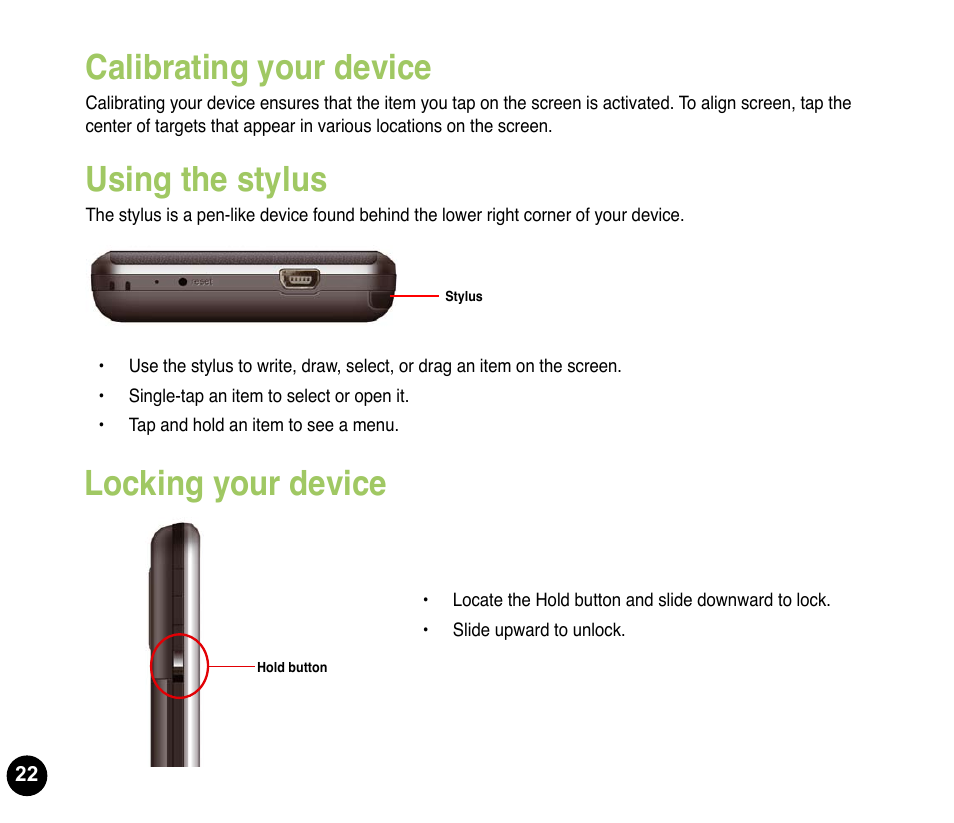 Calibrating your device, Using the stylus, Locking your device | Asus P835 User Manual | Page 22 / 53