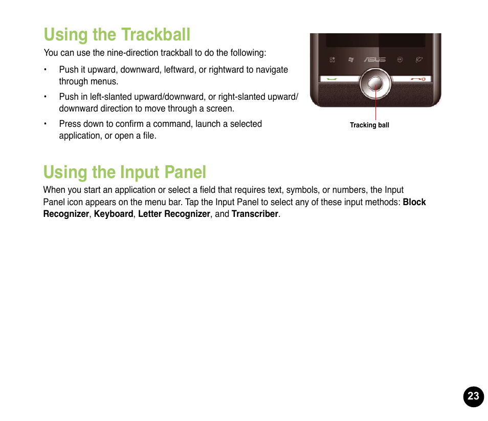 Using the trackball, Using the input panel | Asus P835 User Manual | Page 23 / 53