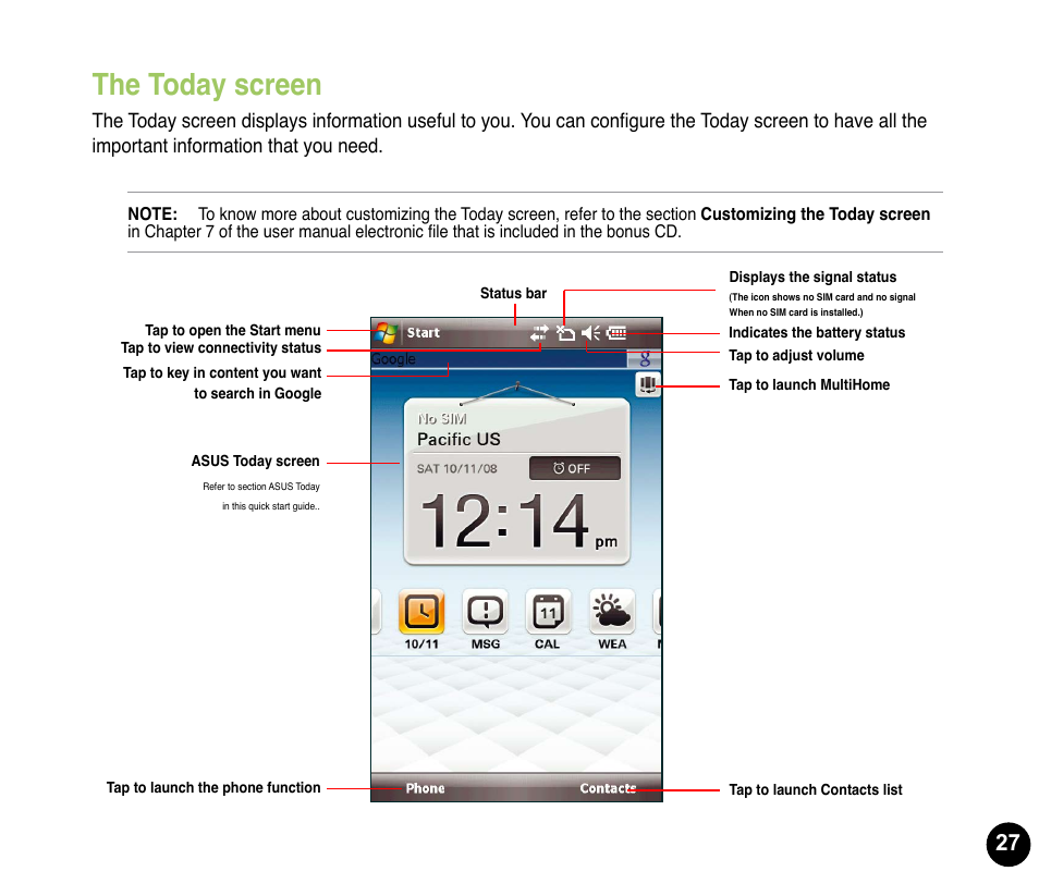 The today screen | Asus P835 User Manual | Page 27 / 53