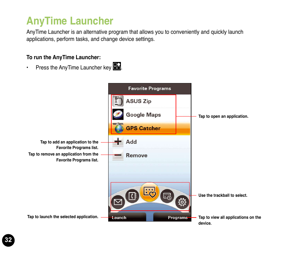 Anytime launcher | Asus P835 User Manual | Page 32 / 53