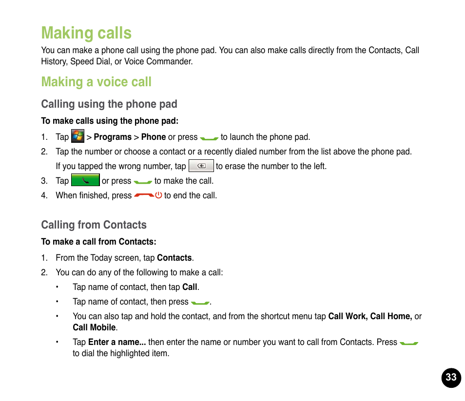 Making calls, Making a voice call, Calling using the phone pad | Calling from contacts | Asus P835 User Manual | Page 33 / 53