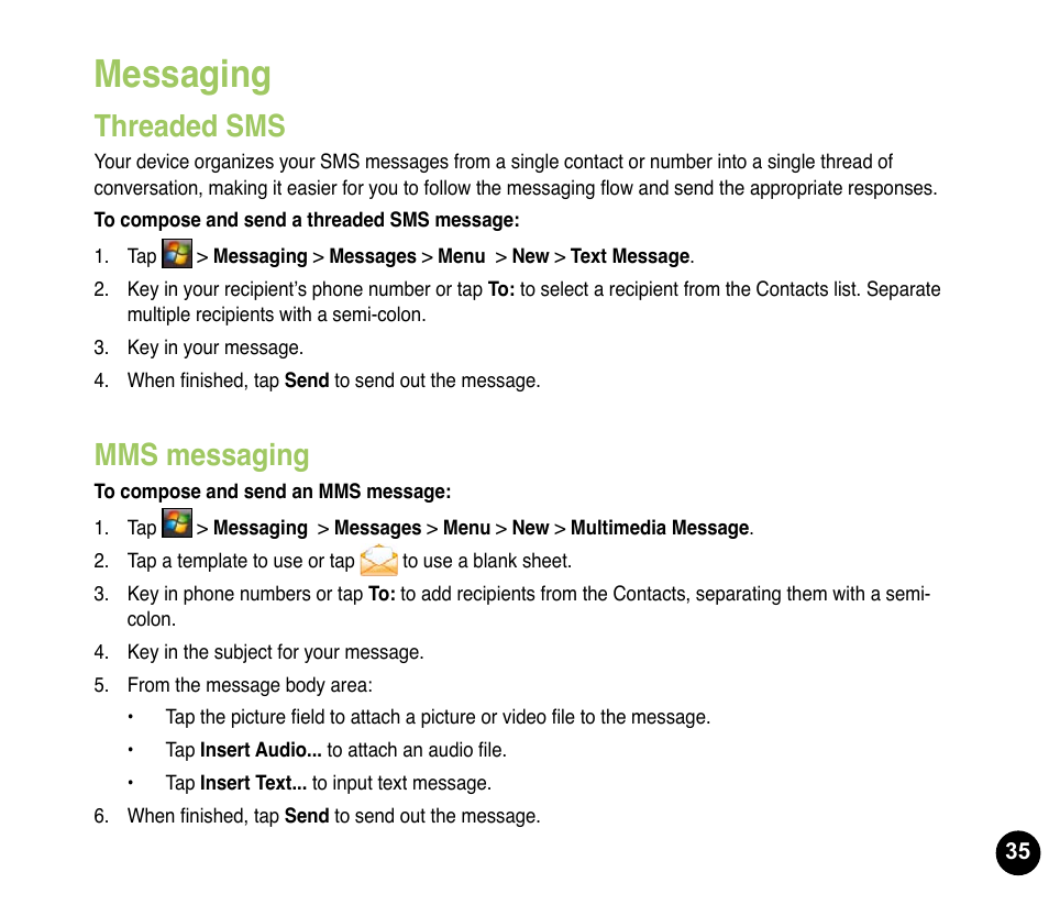 Messaging, Threaded sms, Mms messaging | Asus P835 User Manual | Page 35 / 53