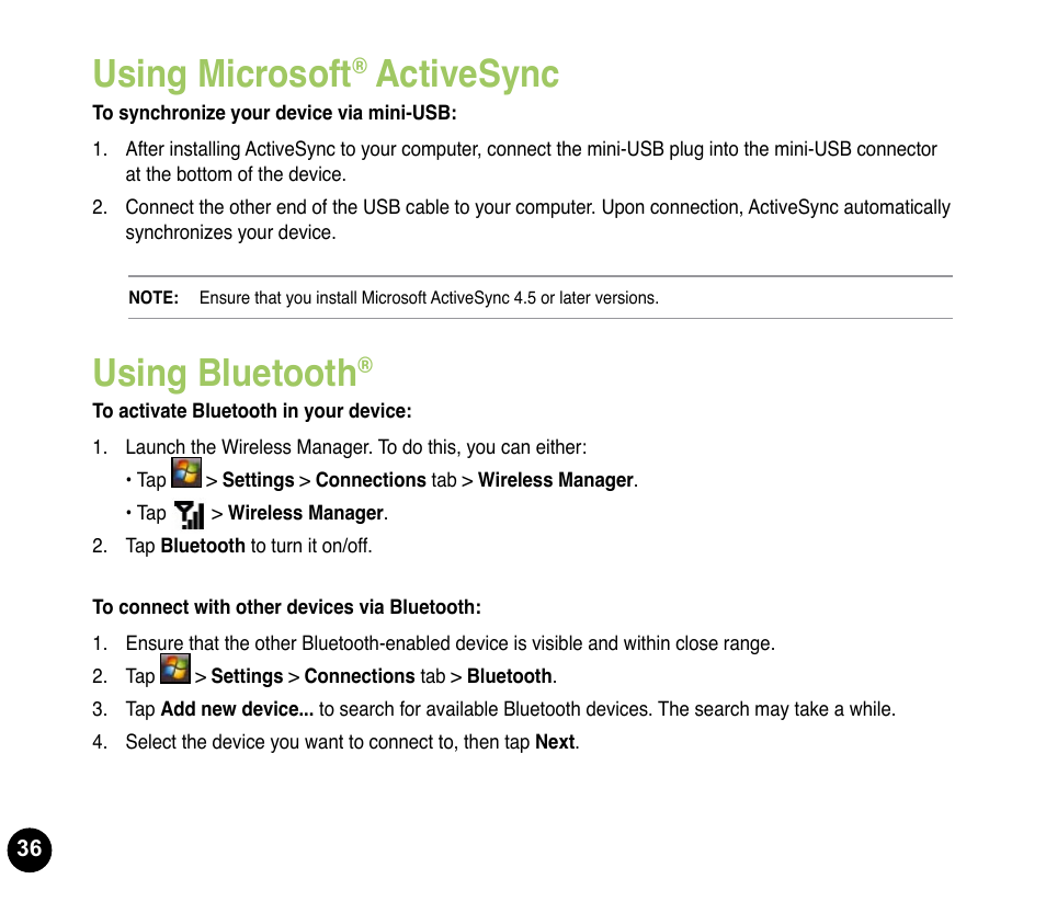 Using microsoft® activesync, Using bluetooth, Using microsoft | Activesync | Asus P835 User Manual | Page 36 / 53