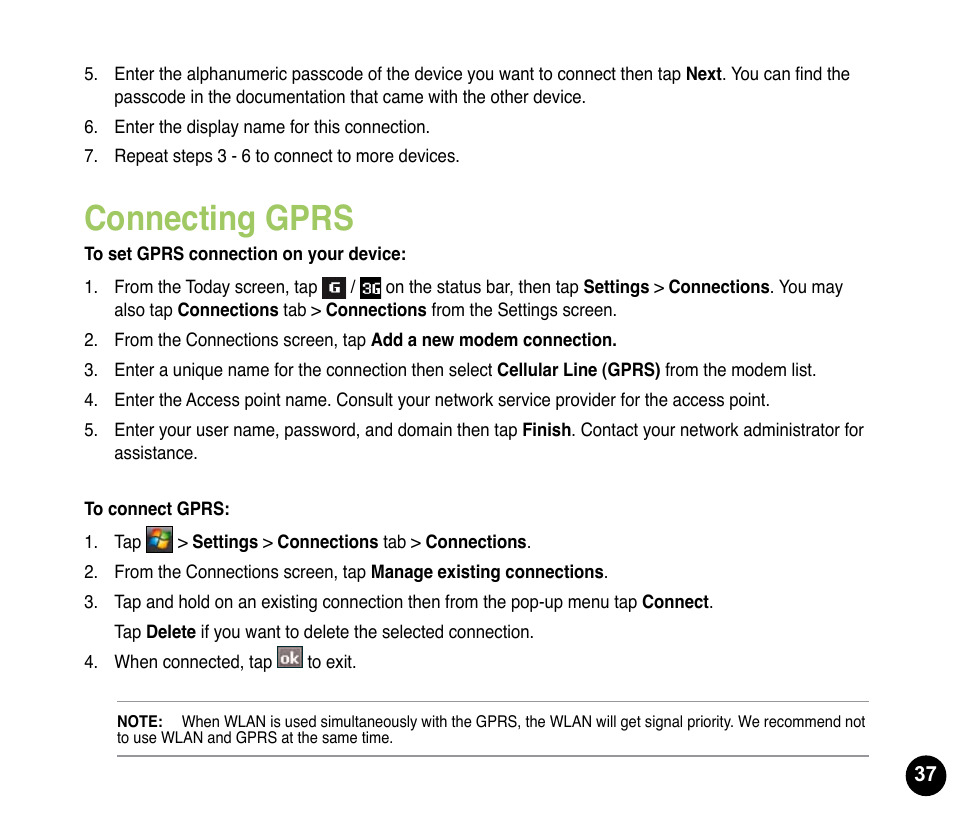 Connecting gprs | Asus P835 User Manual | Page 37 / 53