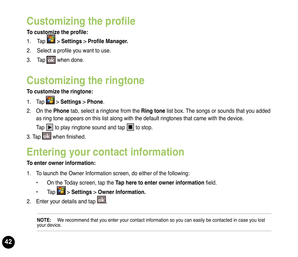 Entering your contact information, Customizing the profile, Customizing the ringtone | Asus P835 User Manual | Page 42 / 53