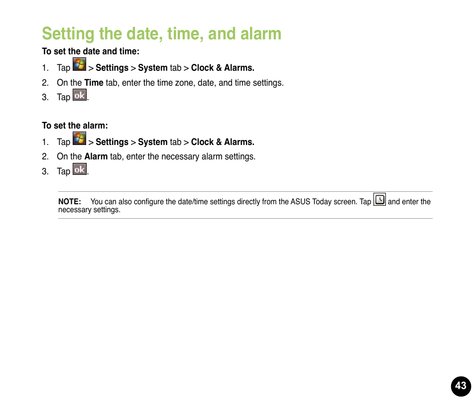 Setting the date, time, and alarm | Asus P835 User Manual | Page 43 / 53