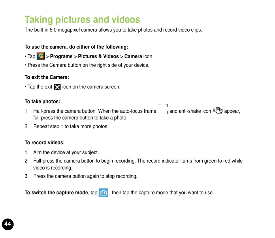 Taking pictures and videos | Asus P835 User Manual | Page 44 / 53