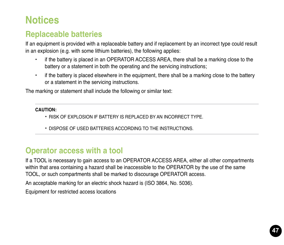 Notices, Replaceable batteries, Operator access with a tool | Asus P835 User Manual | Page 47 / 53