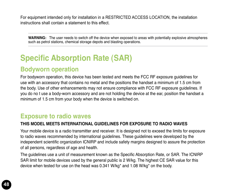 Specific absorption rate (sar), Bodyworn operation, Exposure to radio waves | Asus P835 User Manual | Page 48 / 53