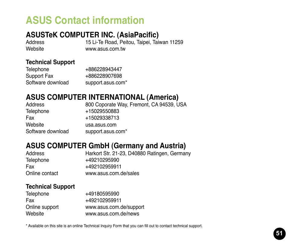 Asus contact information, Asustek computer inc. (asiapacific), Asus computer international (america) | Asus computer gmbh (germany and austria) | Asus P835 User Manual | Page 51 / 53