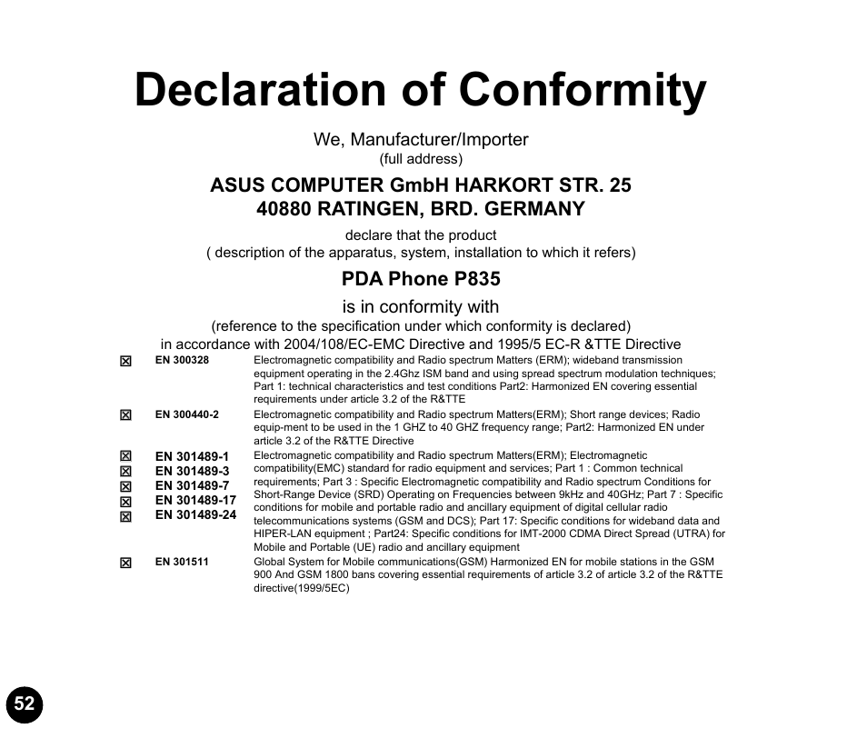 Declaration of conformity, Pda phone p835, We, manufacturer/importer | Is in conformity with | Asus P835 User Manual | Page 52 / 53