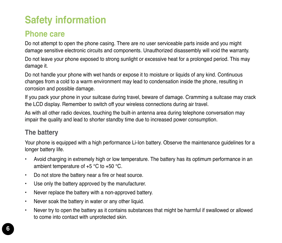 Safety information, Phone care | Asus P835 User Manual | Page 6 / 53