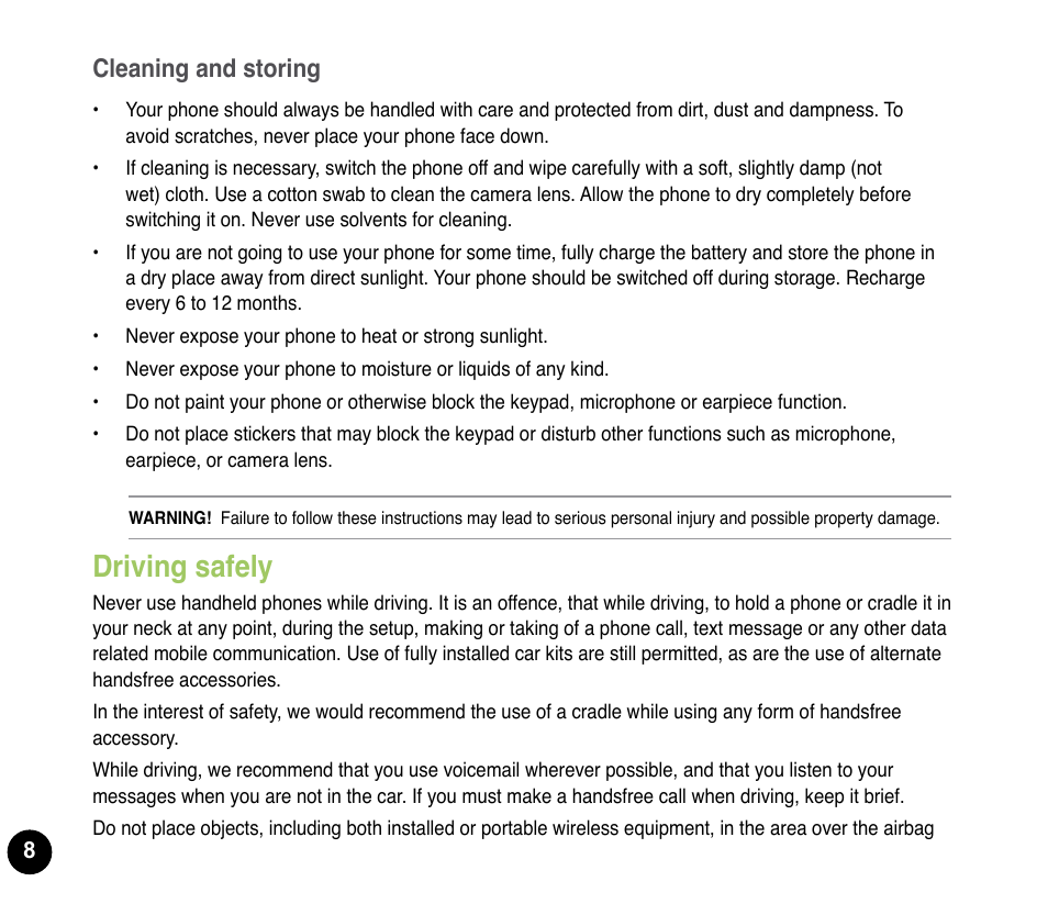 Driving safely, Cleaning and storing | Asus P835 User Manual | Page 8 / 53