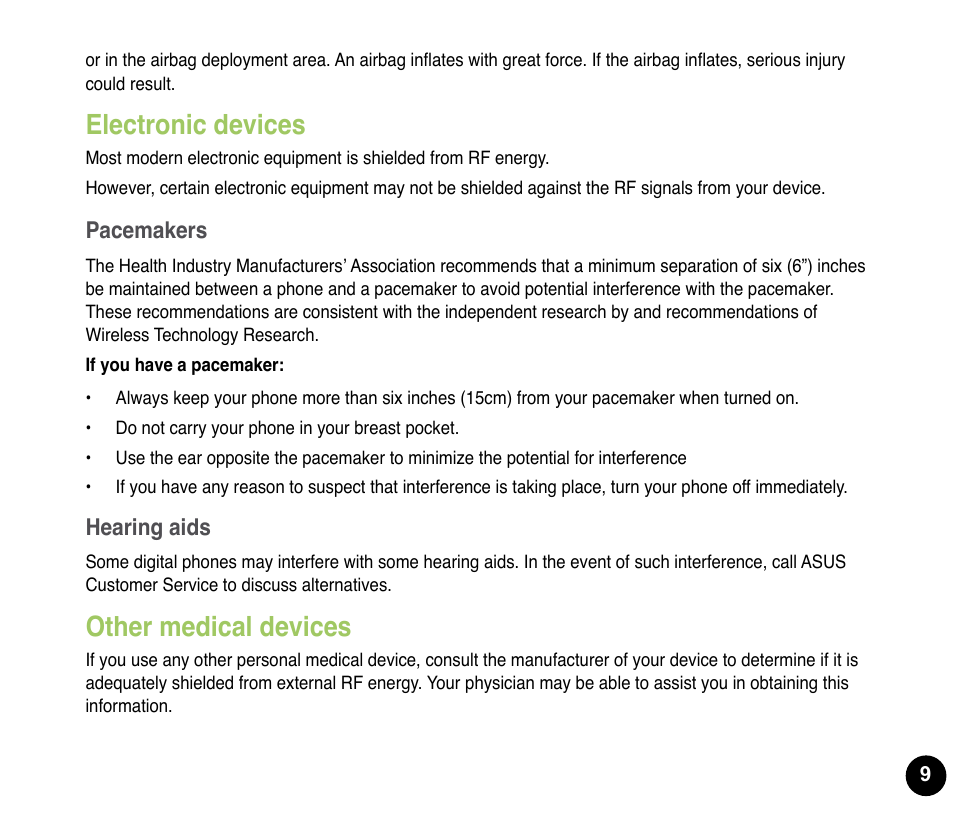 Electronic devices, Other medical devices | Asus P835 User Manual | Page 9 / 53
