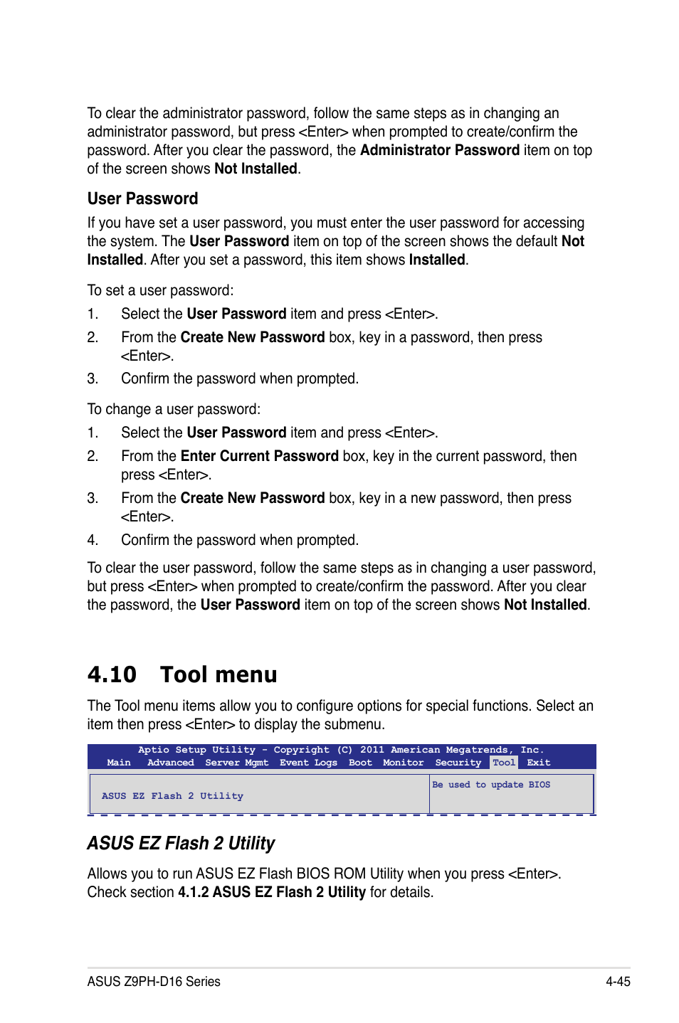 10 tool menu, 10 tool menu -45, Asus ez flash 2 utility | User password | Asus Z9PH-D16 User Manual | Page 103 / 192