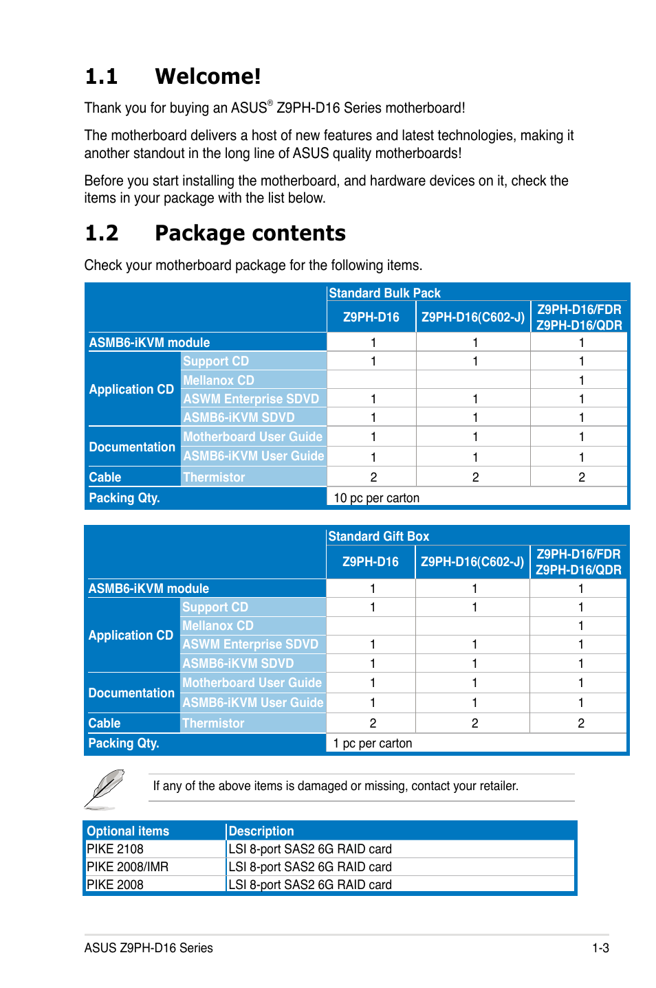 1 welcome, 2 package contents, Welcome! -3 | Package contents -3 | Asus Z9PH-D16 User Manual | Page 15 / 192