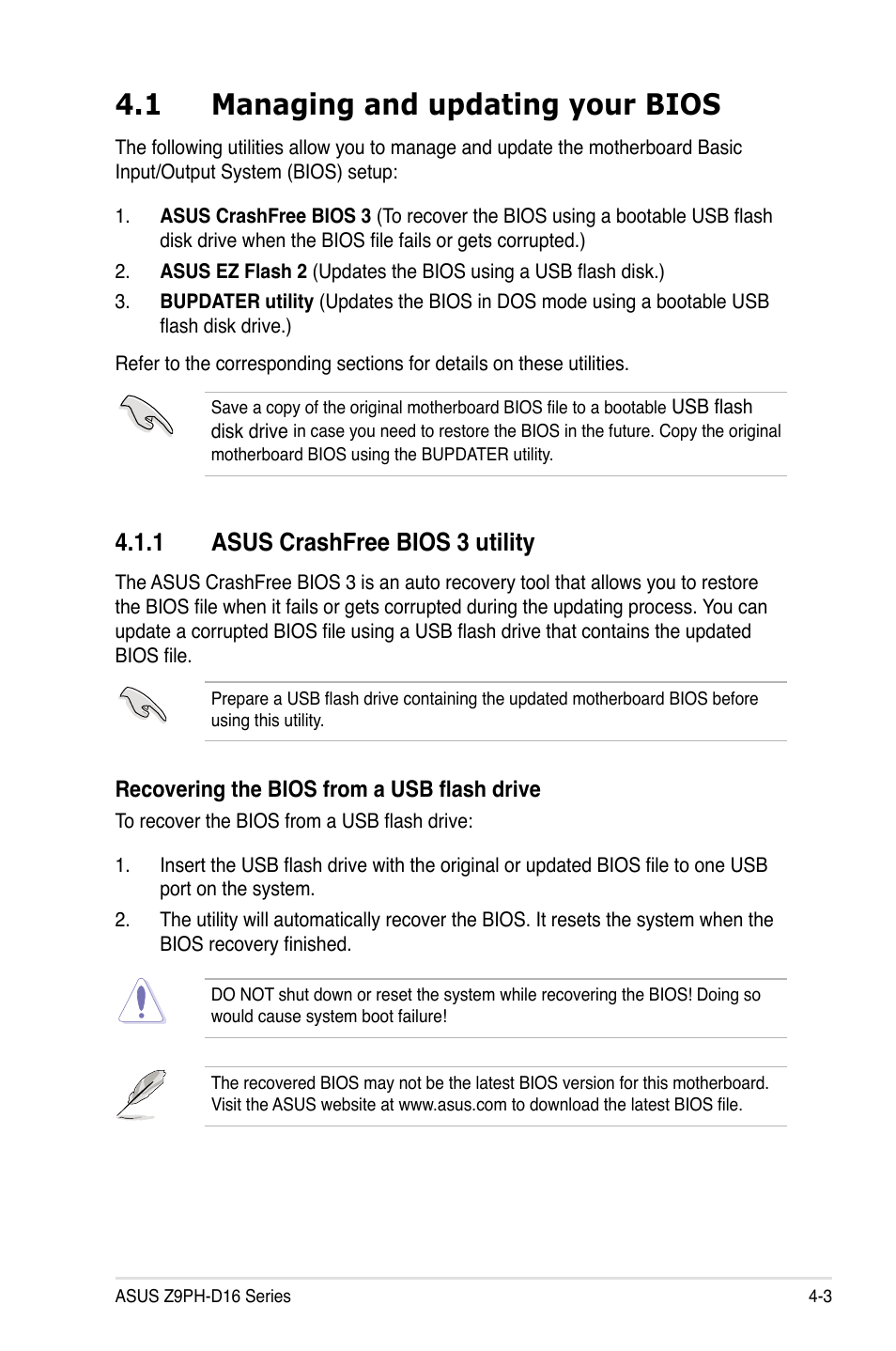 1 managing and updating your bios, 1 asus crashfree bios 3 utility, Managing and updating your bios -3 | Asus crashfree bios 3 utility -3 | Asus Z9PH-D16 User Manual | Page 61 / 192