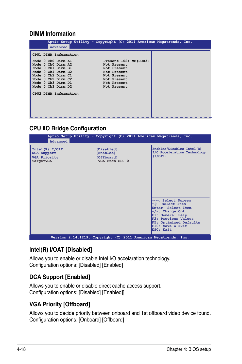 Intel(r) i/oat [disabled, Dca support [enabled, Vga priority [offboard | Cpu iio bridge configuration, Dimm information | Asus Z9PH-D16 User Manual | Page 76 / 192