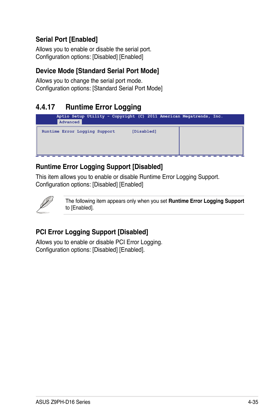 17 runtime error logging, 17 runtime error logging -35, Runtime error logging support [disabled | Serial port [enabled, Device mode [standard serial port mode, Pci error logging support [disabled | Asus Z9PH-D16 User Manual | Page 93 / 192