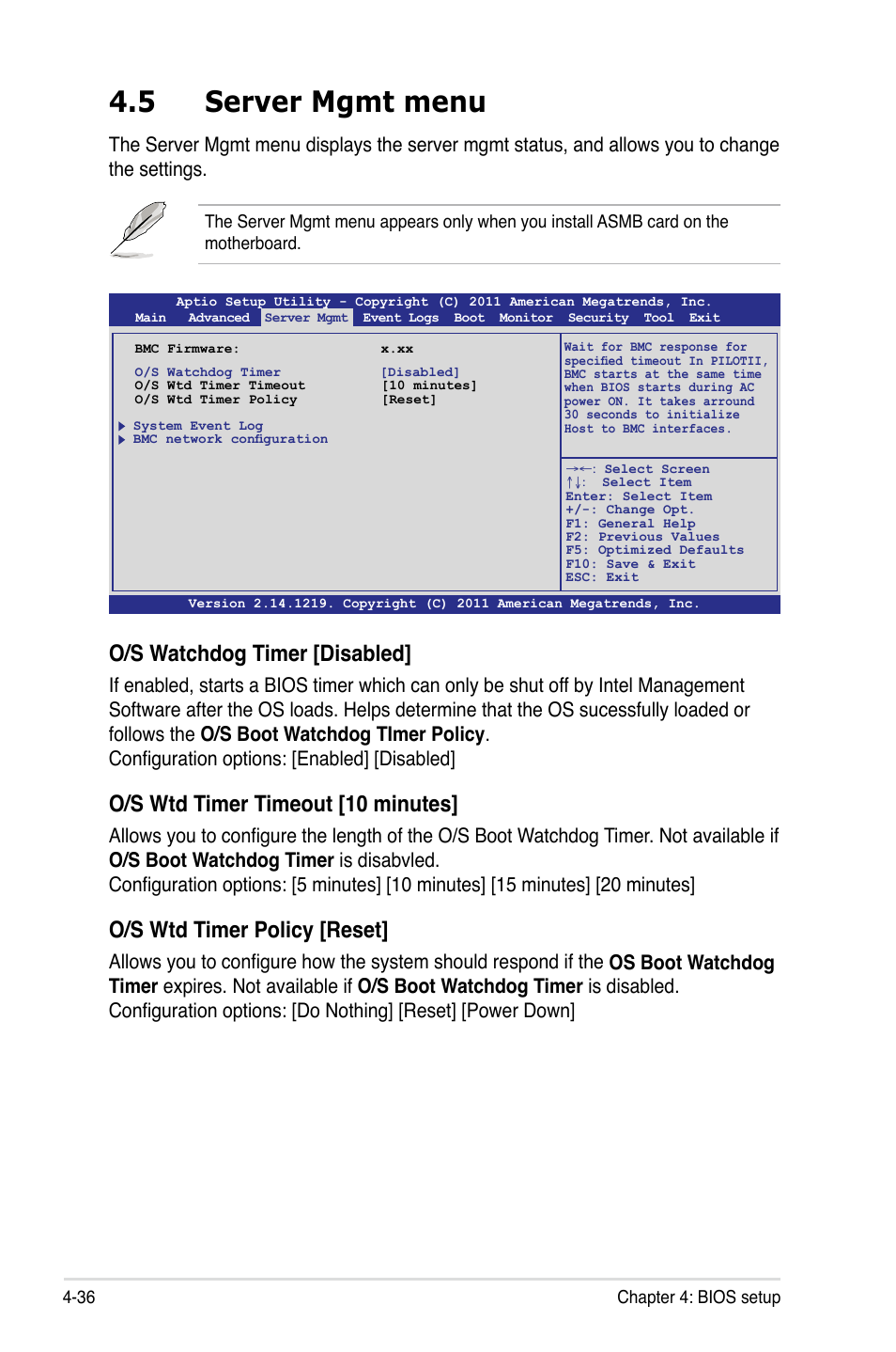 5 server mgmt menu, Server mgmt menu -36, O/s watchdog timer [disabled | O/s wtd timer timeout [10 minutes, O/s wtd timer policy [reset | Asus Z9PH-D16 User Manual | Page 94 / 192