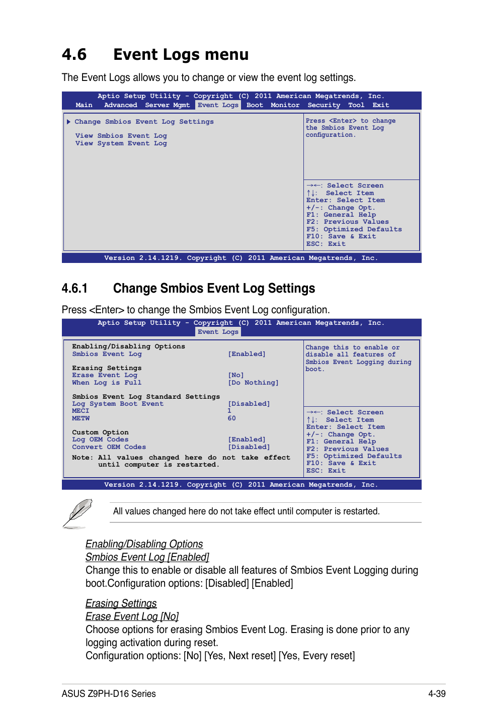 6 event logs menu, 1 change smbios event log settings, Event logs menu -39 | Change smbios event log settings -39 | Asus Z9PH-D16 User Manual | Page 97 / 192