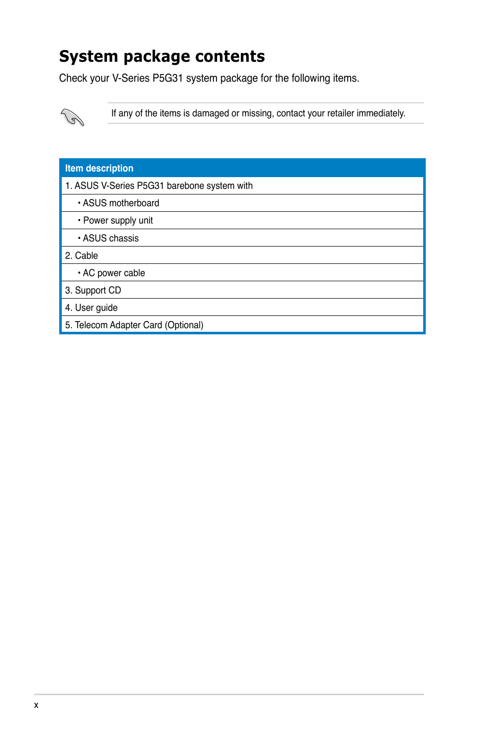 System package contents | Asus V3-P5G31 User Manual | Page 10 / 99