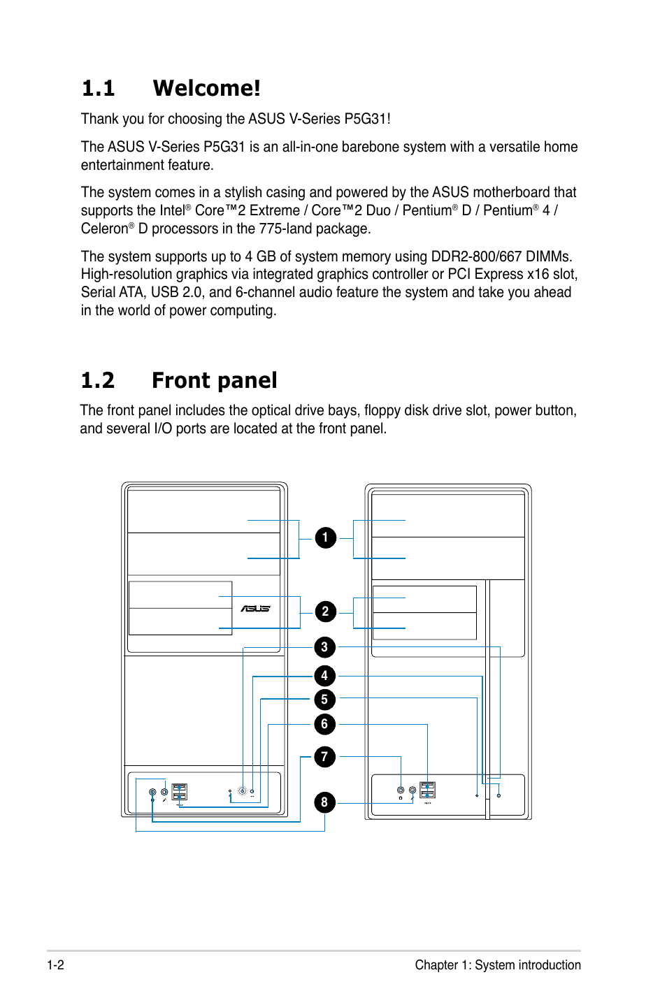 1 welcome, 2 front panel | Asus V3-P5G31 User Manual | Page 12 / 99