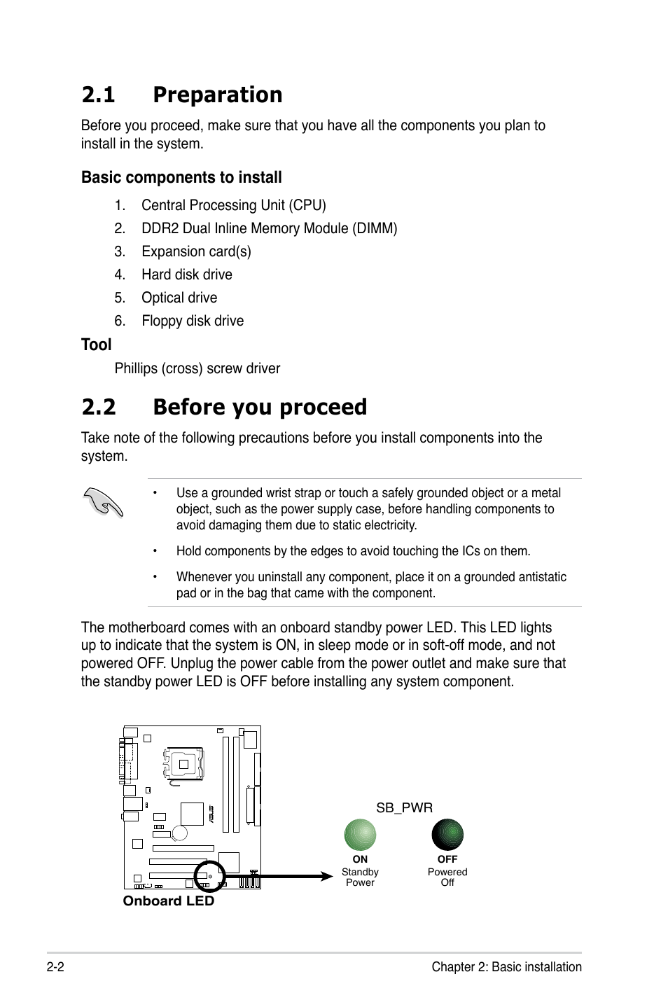 1 preparation, 2 before you proceed, Basic components to install | Tool | Asus V3-P5G31 User Manual | Page 20 / 99