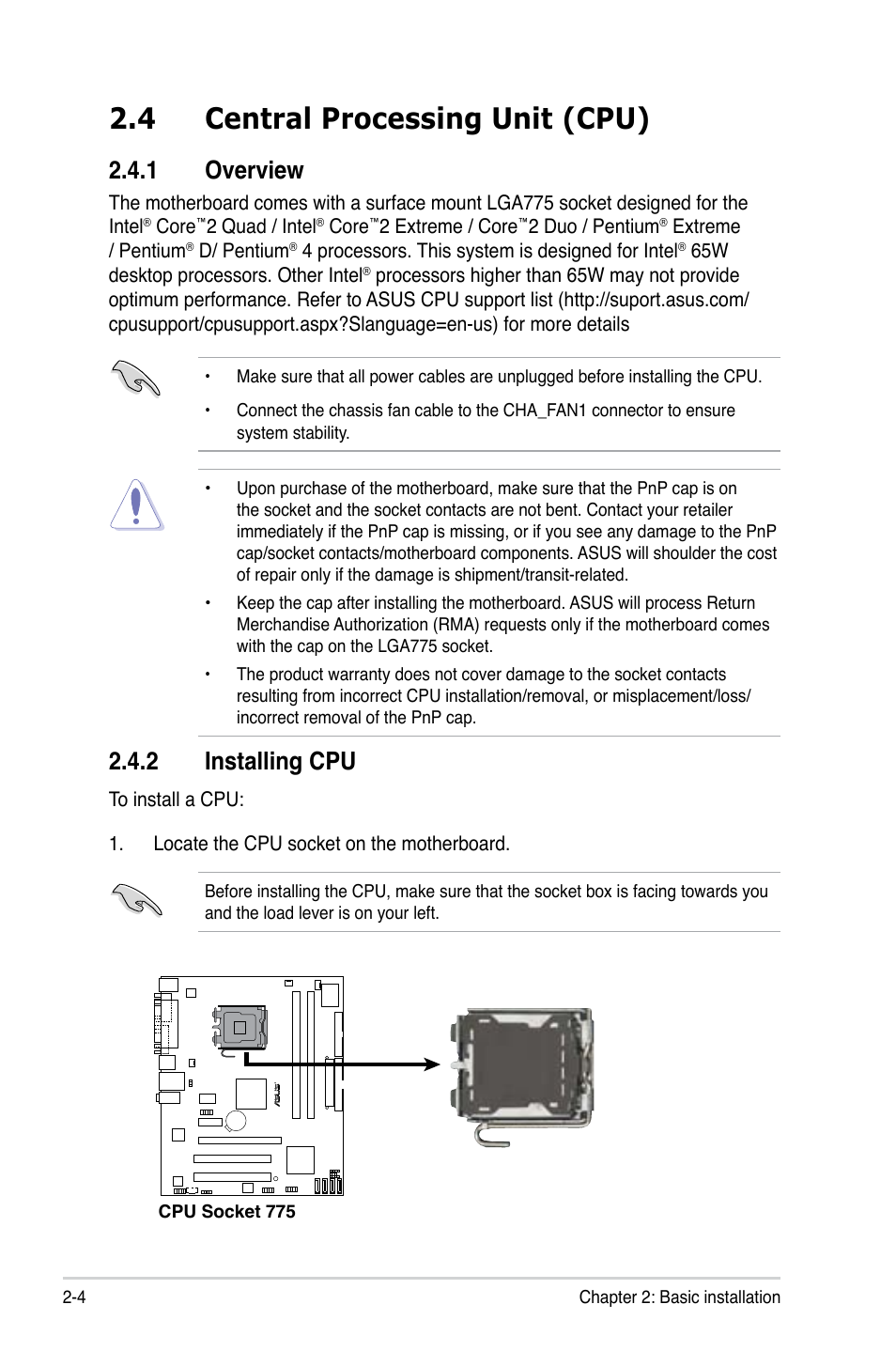 4 central processing unit (cpu), 1 overview 2.4.2 installing cpu | Asus V3-P5G31 User Manual | Page 22 / 99