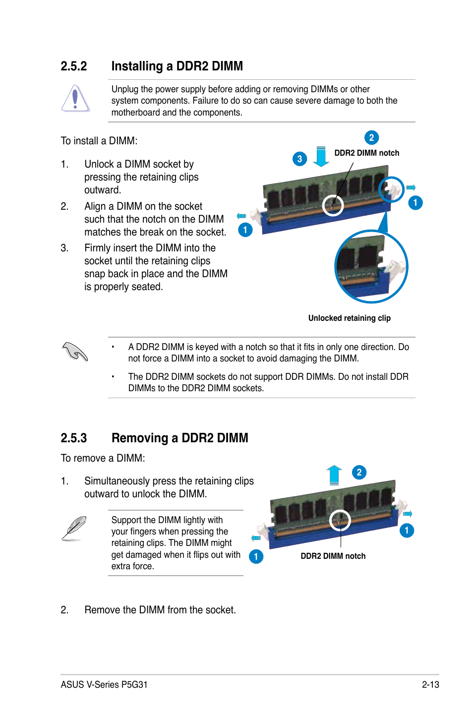 2 installing a ddr2 dimm, 3 removing a ddr2 dimm | Asus V3-P5G31 User Manual | Page 31 / 99