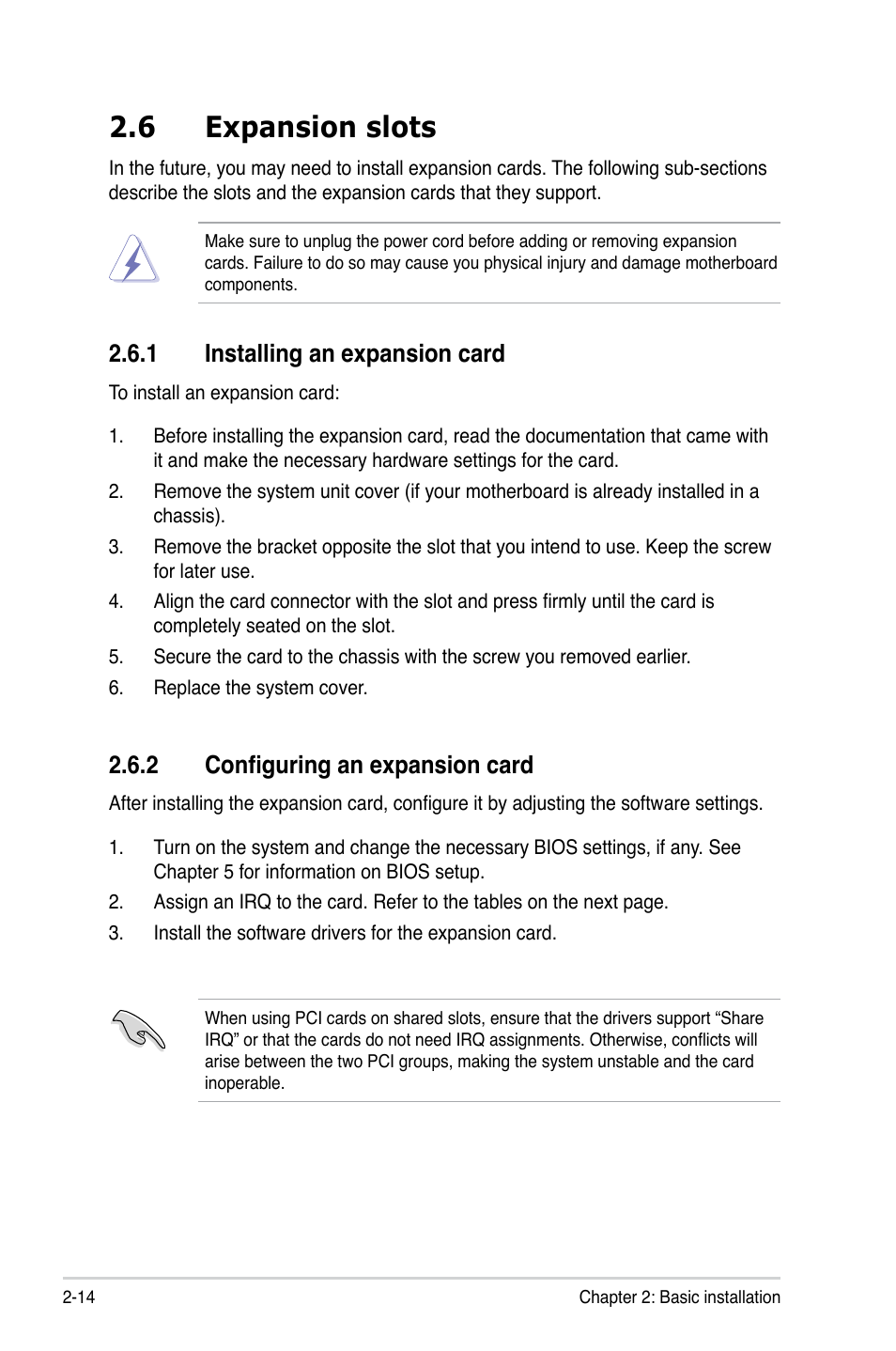 6 expansion slots, 1 installing an expansion card, 2 configuring an expansion card | Asus V3-P5G31 User Manual | Page 32 / 99