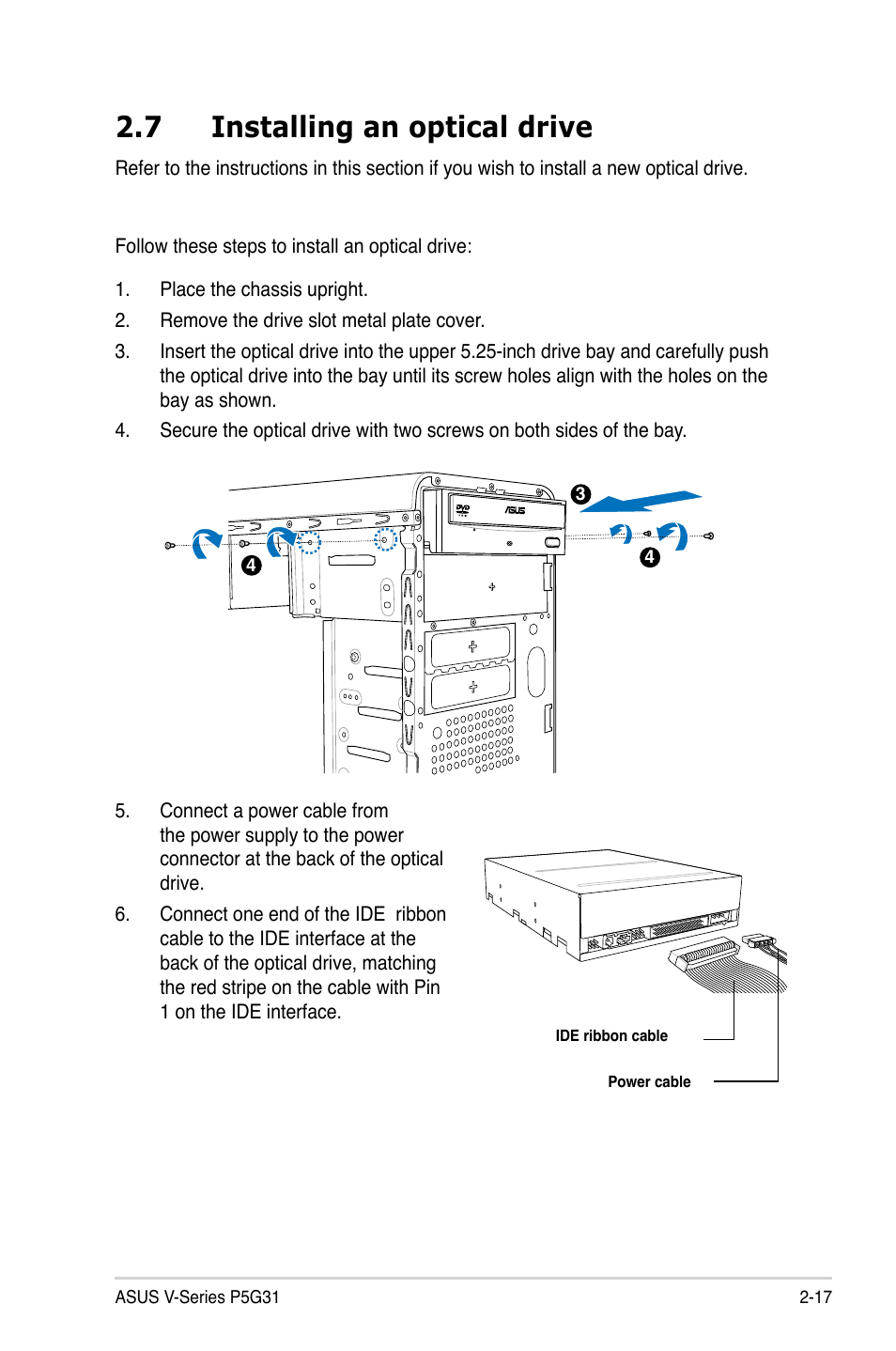 7 installing an optical drive | Asus V3-P5G31 User Manual | Page 35 / 99