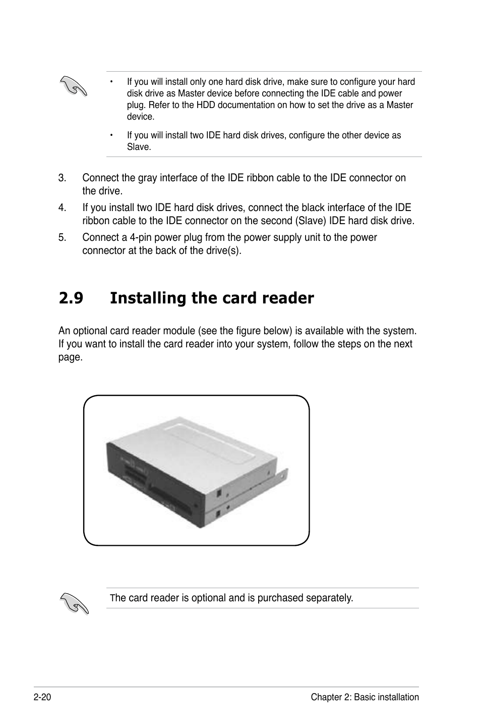 9 installing the card reader | Asus V3-P5G31 User Manual | Page 38 / 99