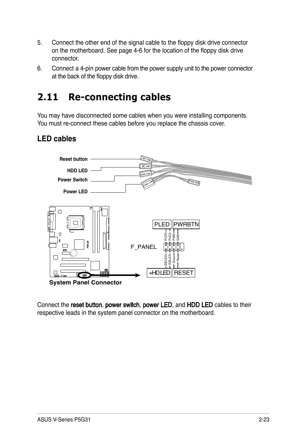 11 re-connecting cables, Led cables, System panel connector f_panel | Hd led reset pled pwrbtn | Asus V3-P5G31 User Manual | Page 41 / 99