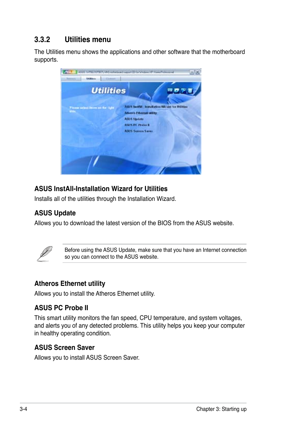 2 utilities menu | Asus V3-P5G31 User Manual | Page 46 / 99