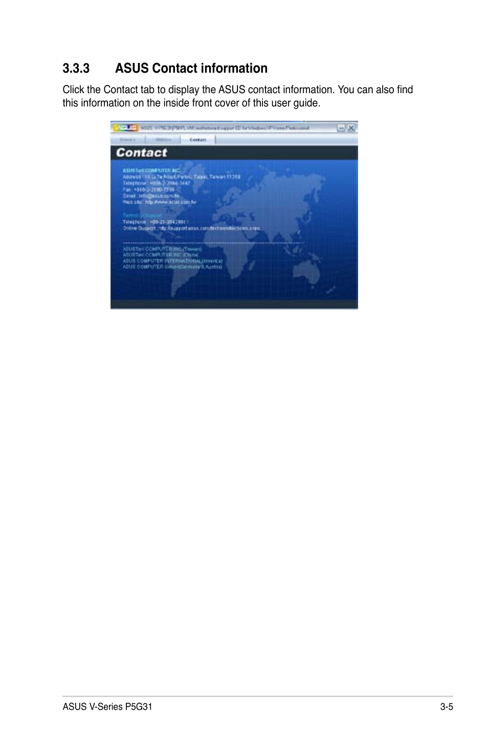 3 asus contact information | Asus V3-P5G31 User Manual | Page 47 / 99