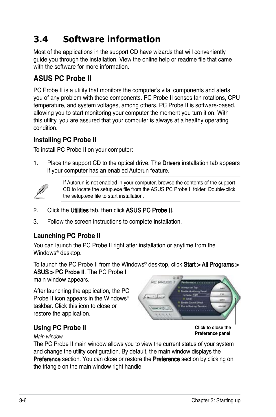 4 software information, Asus pc probe ii | Asus V3-P5G31 User Manual | Page 48 / 99