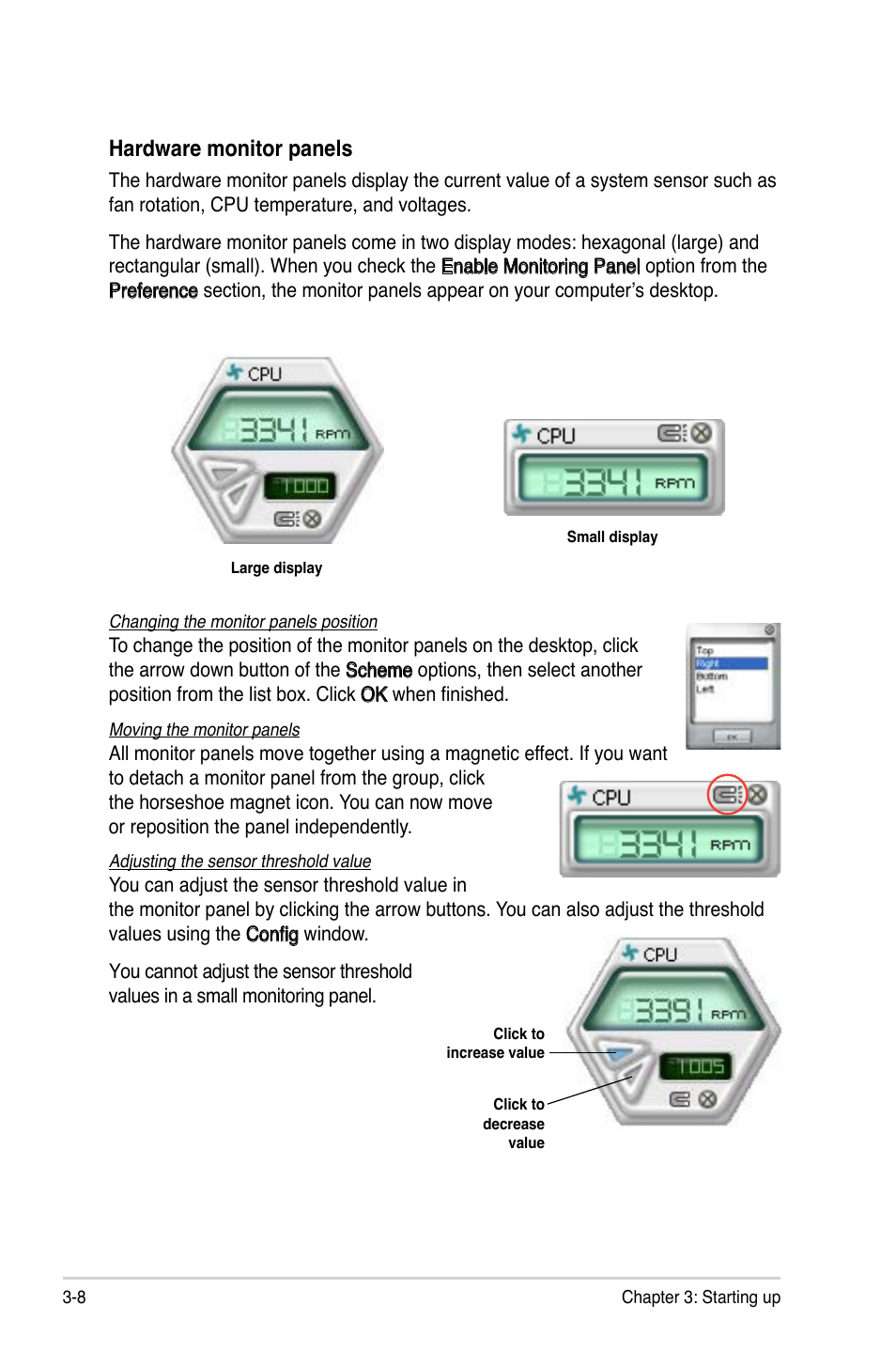 Hardware monitor panels | Asus V3-P5G31 User Manual | Page 50 / 99