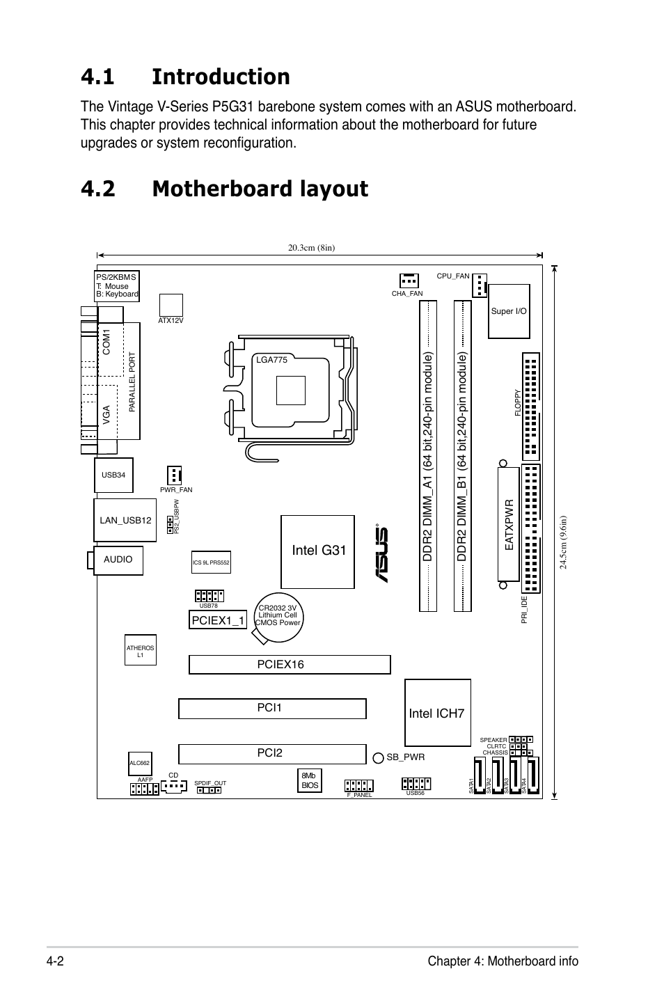 1 introduction, 2 motherboard layout, 2 chapter 4: motherboard info | Intel g31, Intel ich7 | Asus V3-P5G31 User Manual | Page 55 / 99