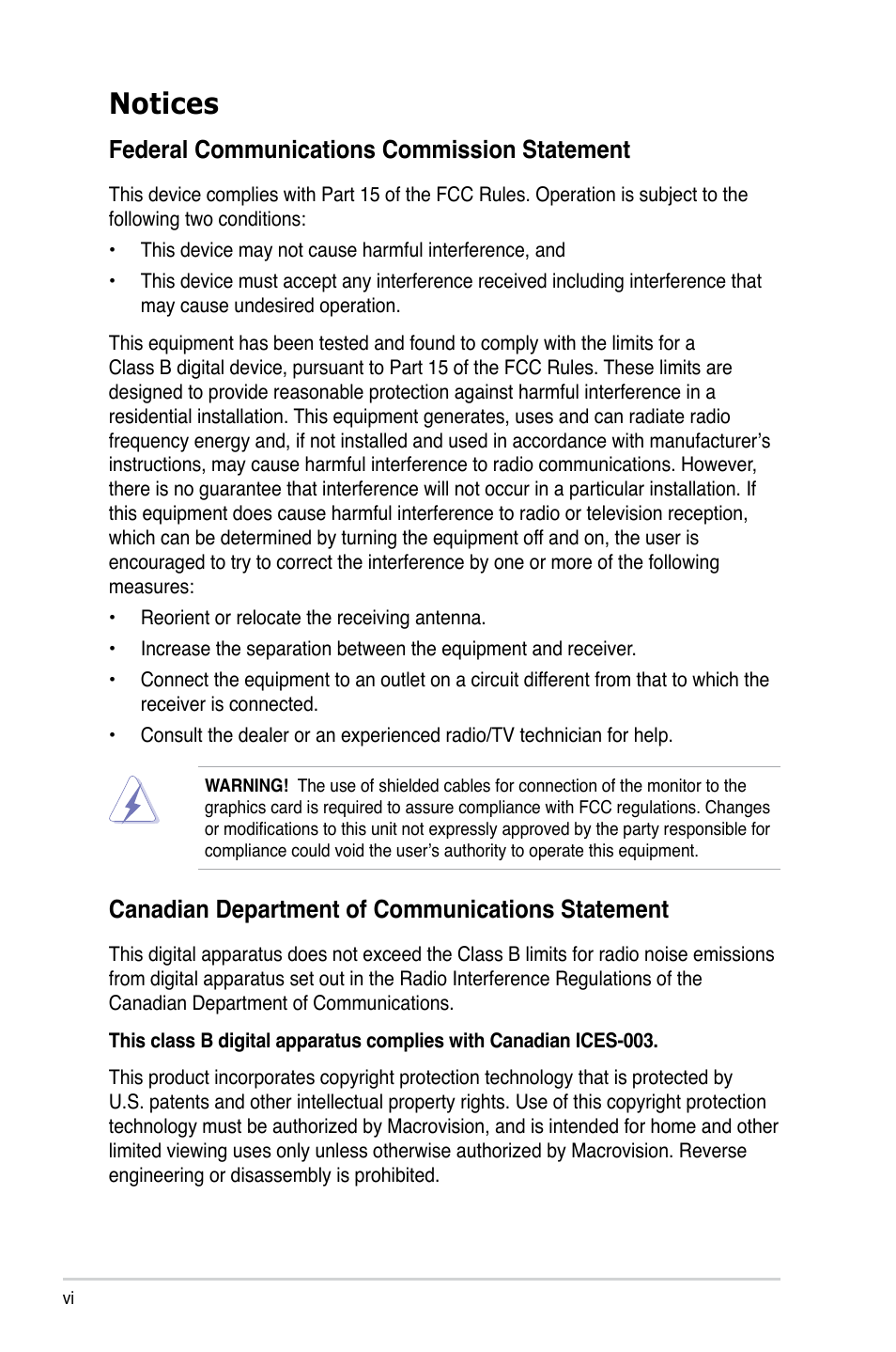 Notices, Federal communications commission statement, Canadian department of communications statement | Asus V3-P5G31 User Manual | Page 6 / 99