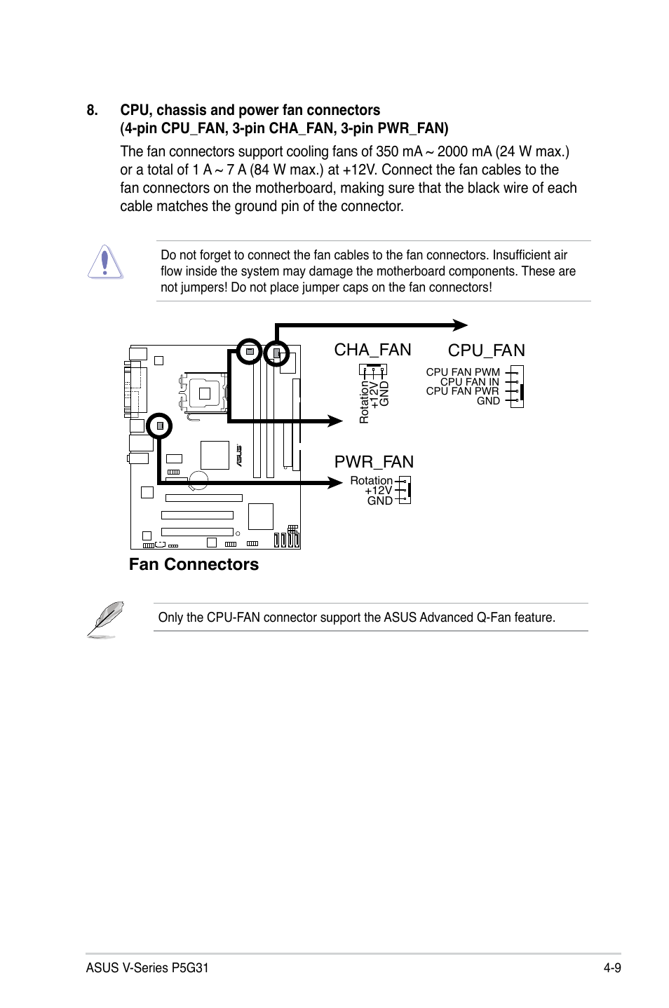 Fan connectors, Cpu_fan cha_fan, Pwr_fan | Asus V3-P5G31 User Manual | Page 62 / 99