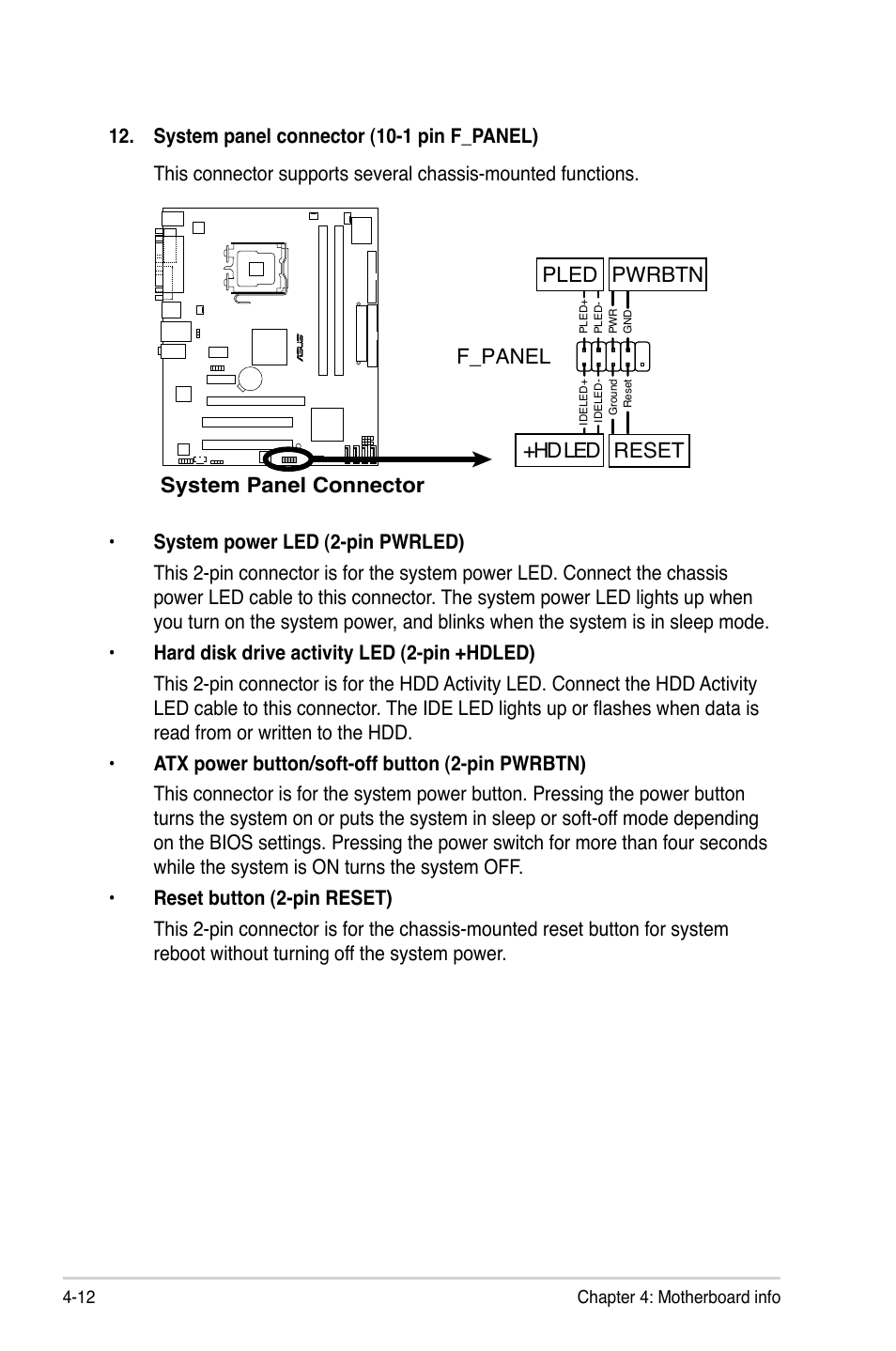 System panel connector f_panel, Hd led reset pled pwrbtn | Asus V3-P5G31 User Manual | Page 65 / 99