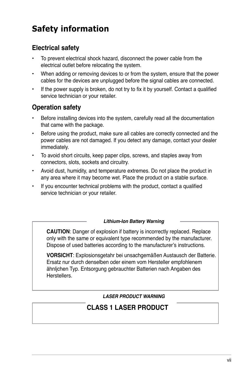 Safety information, Electrical safety, Operation safety | Class 1 laser product | Asus V3-P5G31 User Manual | Page 7 / 99