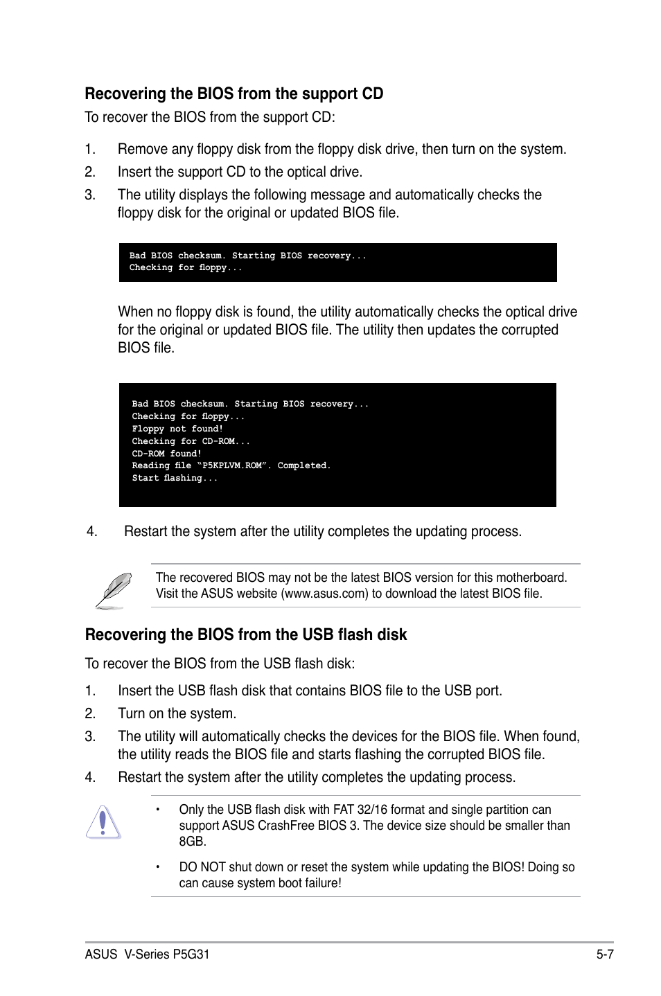 Recovering the bios from the support cd, Recovering the bios from the usb flash disk | Asus V3-P5G31 User Manual | Page 72 / 99