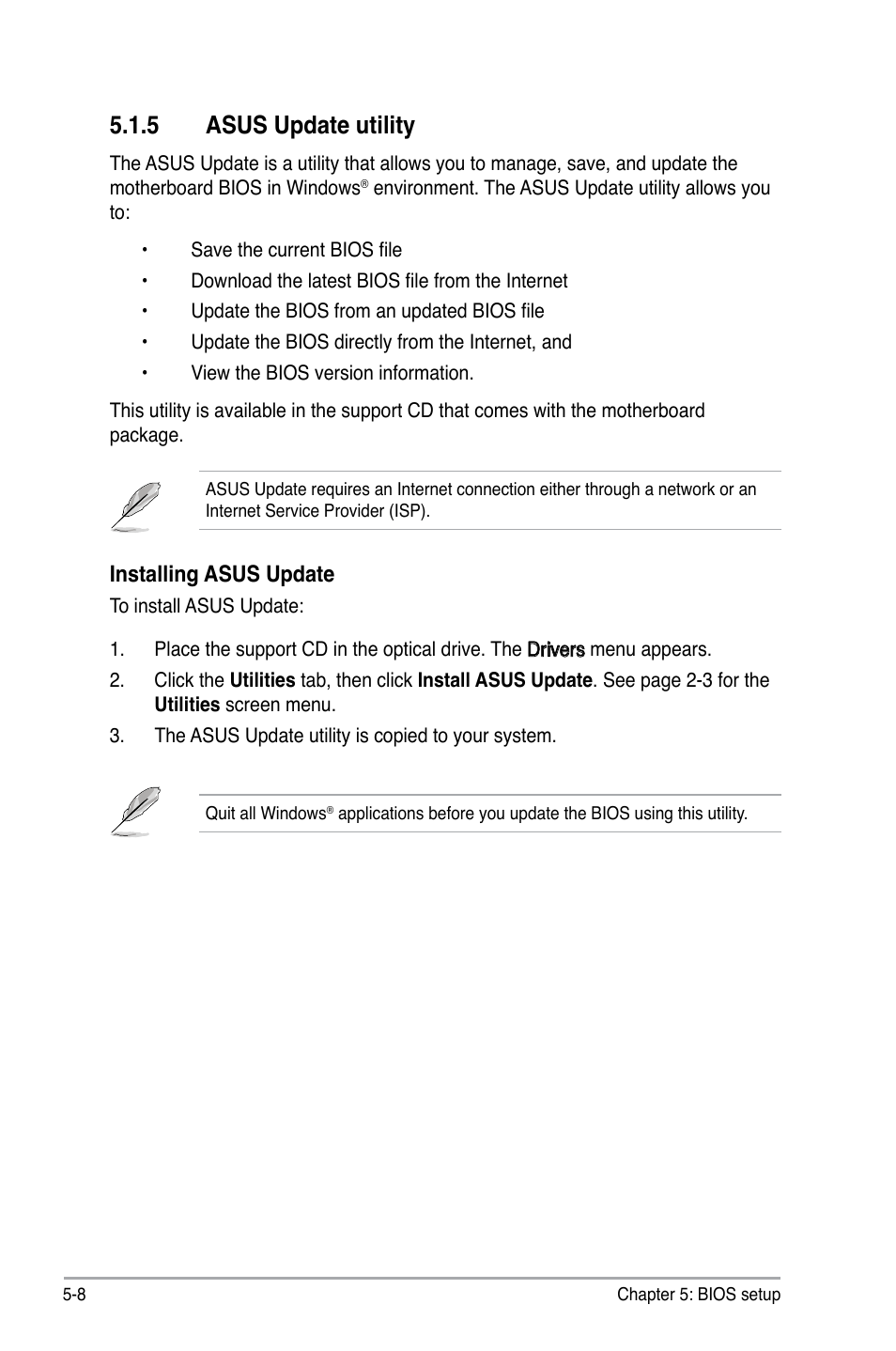 5 asus update utility, Installing asus update | Asus V3-P5G31 User Manual | Page 73 / 99