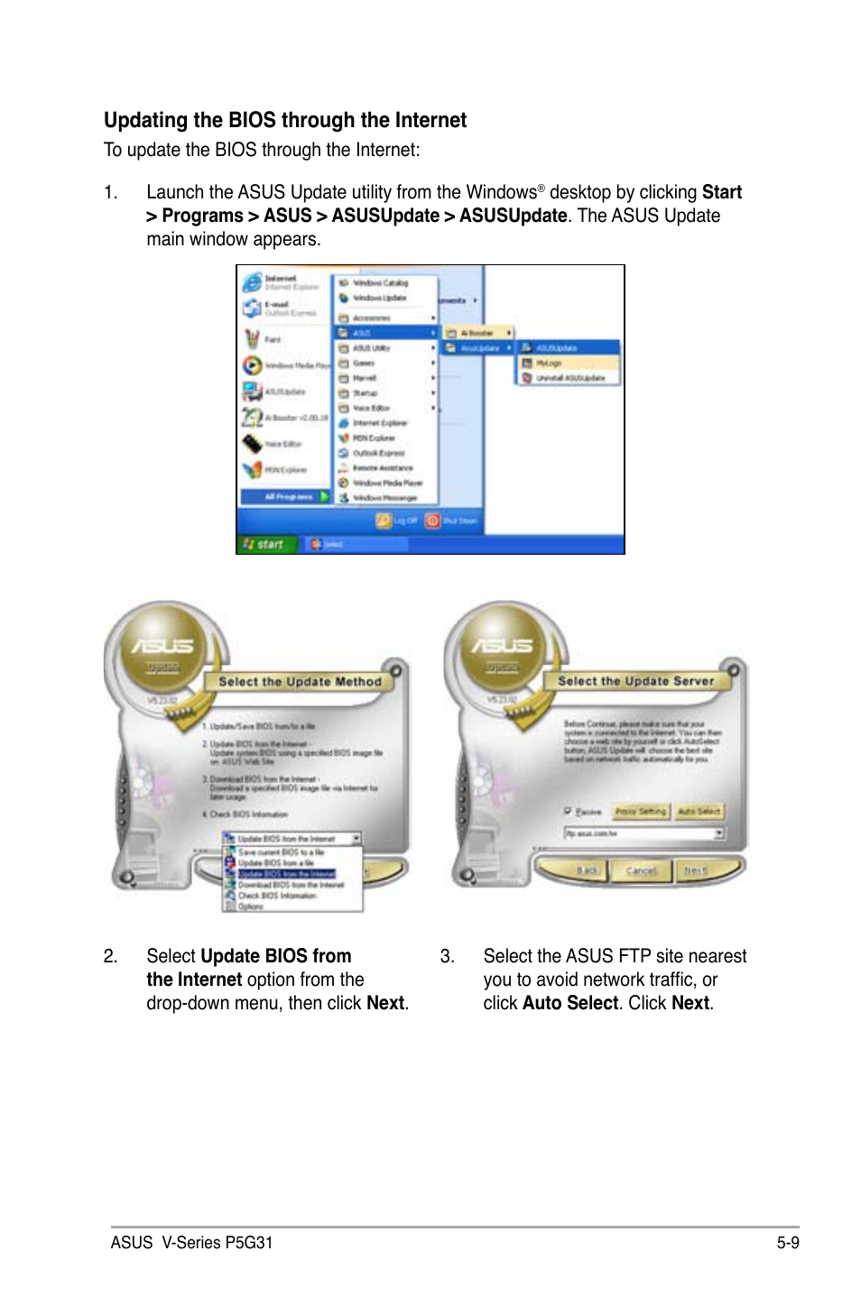 Updating the bios through the internet | Asus V3-P5G31 User Manual | Page 74 / 99