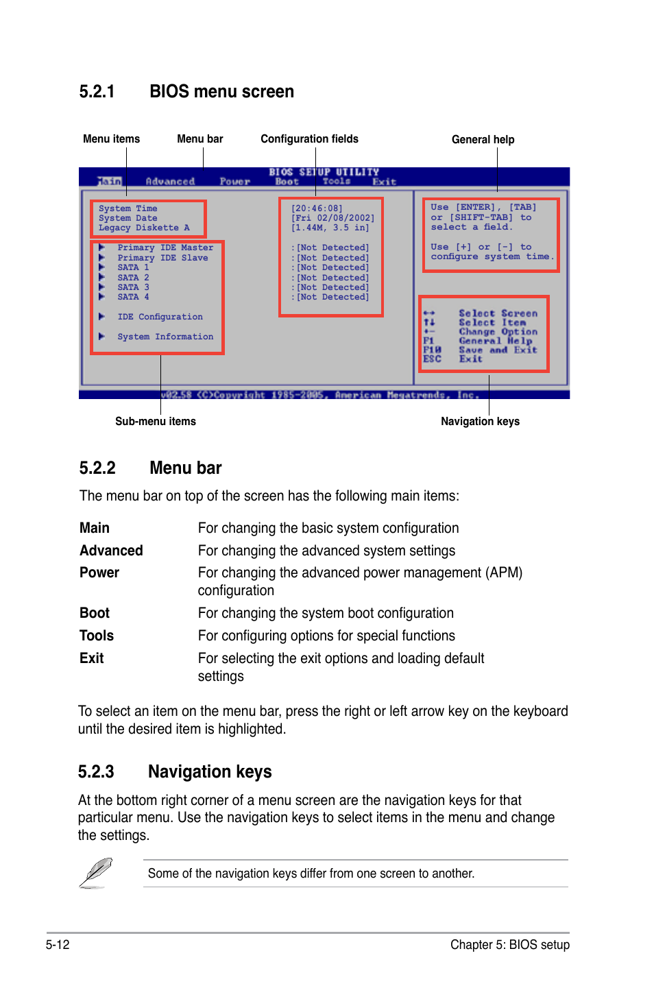 2 menu bar, 1 bios menu screen, 3 navigation keys | Asus V3-P5G31 User Manual | Page 77 / 99