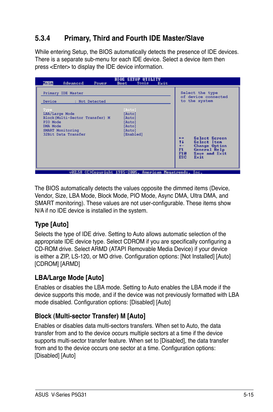 4 primary, third and fourth ide master/slave, Type [auto, Lba/large mode [auto | Block (multi-sector transfer) m [auto | Asus V3-P5G31 User Manual | Page 80 / 99